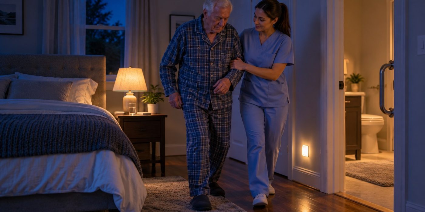 Cuidadora auxiliando um idoso durante a noite no trajeto entre o quarto e o banheiro