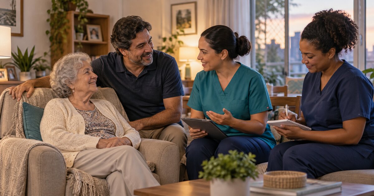 Família conversando com profissionais sobre a escolha entre Home Care 12h ou 24h