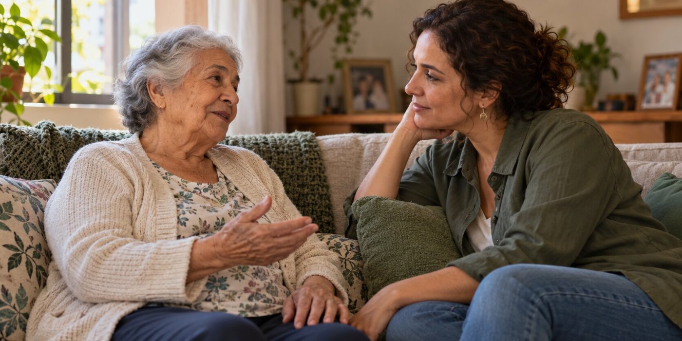 Idosa conversando com uma mulher adulta que a escuta atentamente, sentadas no sofá de casa.
