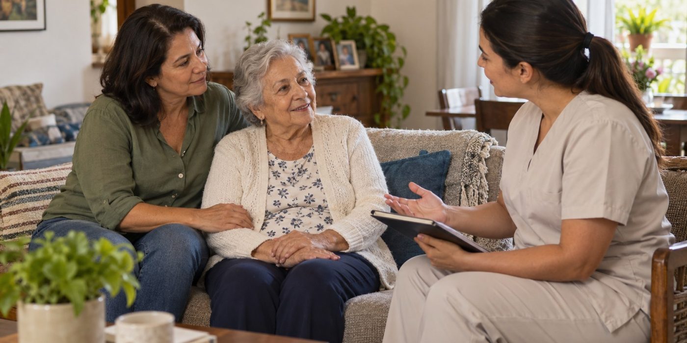 Profissional de Home Care conversando com uma idosa e sua filha sobre o atendimento domiciliar