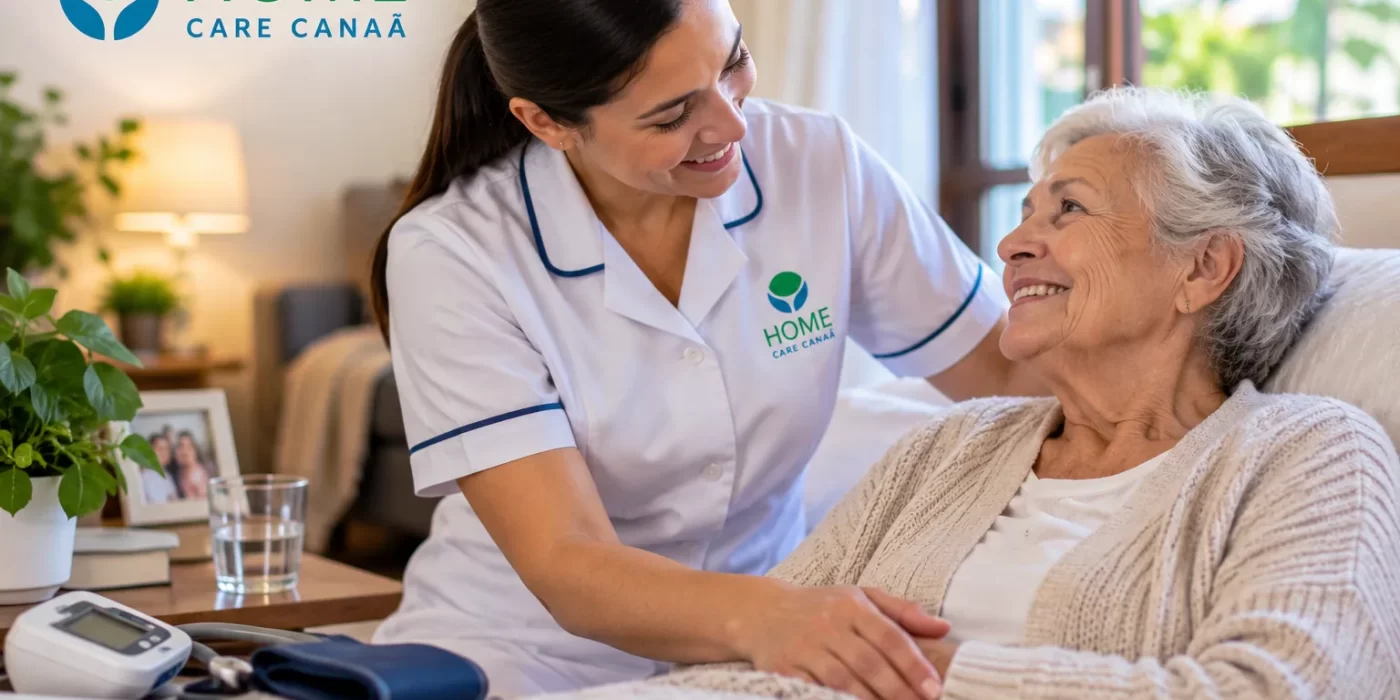 Profissional de Home Care prestando cuidados e acompanhamento a idosa em casa