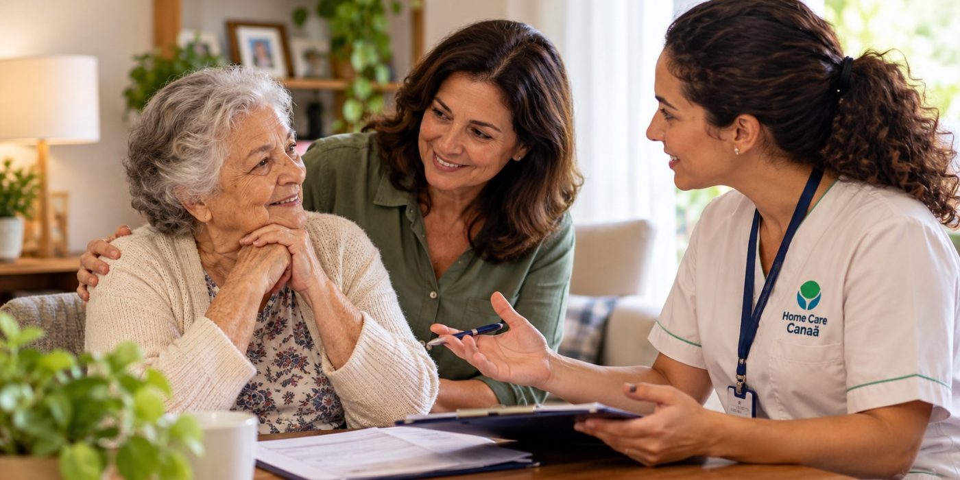 Idosa e familiar conversando com profissional de Home Care durante avaliação domiciliar