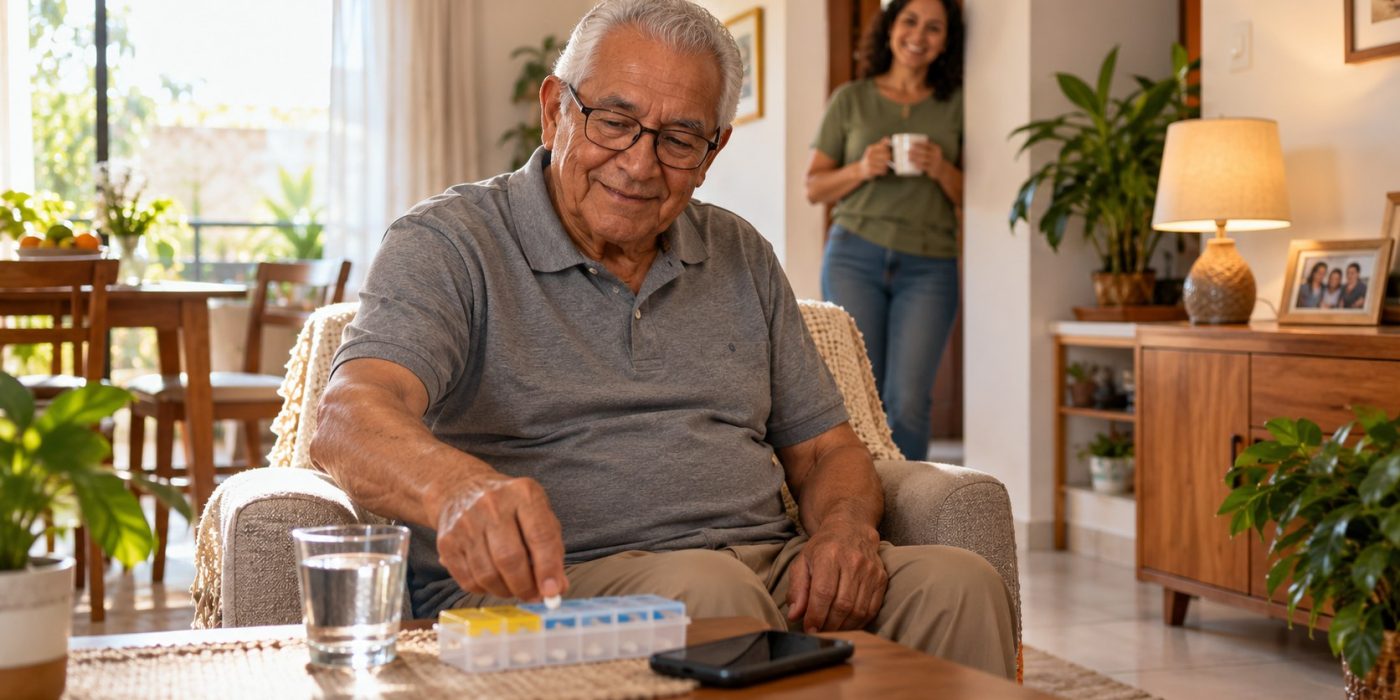 Idoso organizando medicamentos em casa enquanto familiar observa a rotina com atenção