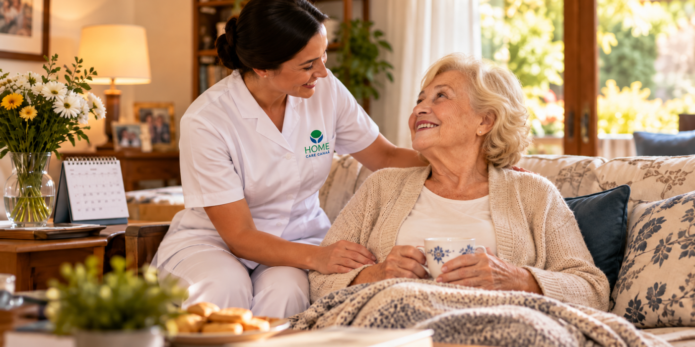 Cuidadora da Home Care Canaã acompanhando uma idosa em casa nos fins de semana e feriados