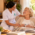 Cuidadora da Home Care Canaã acompanhando uma idosa em casa nos fins de semana e feriados