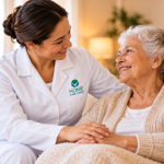 Cuidadora da Home Care Canaã oferecendo apoio e companhia a uma idosa em casa